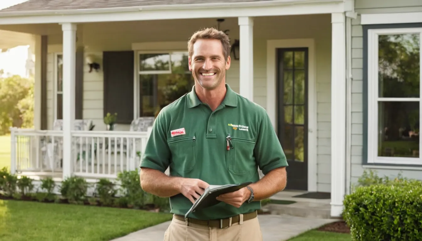 A friendly pest control provider talking with a homeowner at the front door of a house in St. Louis